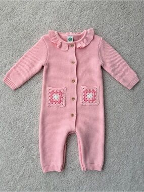 Little Me Pink Knit One-Piece with Crochet Pocket and ruffled neckline